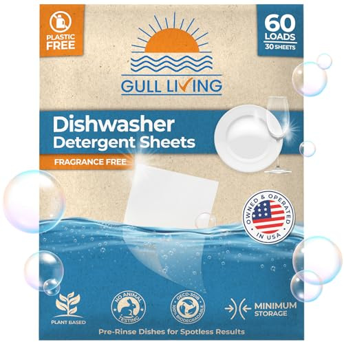 Gull living Fogli ecologici per detersivo per lavastoviglie – Detersivo naturale per piatti – Fogli di sapone per lavastoviglie a base vegetale, inodore e senza plastica, dimensioni da viaggio 60