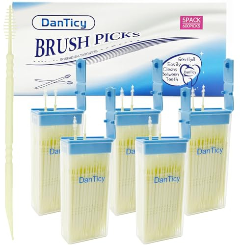 DanTicy Brushpicks Palillos de dientes interdentales, cerdas suaves con | Portátil para viajar con 5 fundas compactas. Limpiador interdental para eliminar restos de comida para soportes