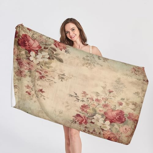 QEODAH Strandtuch XXL 200x200 Blumen Vintage - Schnelltrocknend & Ultraleicht & Sandfrei & Weich Mikrofaser Handtücher,Blumen Strandhandtuch Badetuch Handtuch, Pflegeleicht Badetücher