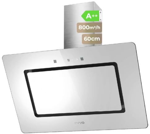 EVVO Campana Extractora 60 cm de Ancho Decorativa, Potencia 800 m³/h, Filtro Aluminio y Carbón Activo, Control Táctil y Gestual, Eficiencia Energética A++, CE43 Cristal White