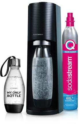 SodaStream Terra Sparkling Water Maker with 1L Refill Water Bottle & Quick Connect CO2 Gas Bottle for Home Carbonated Water. Extra SodaStream 500ml Fizzy Drink Bottle & Reusable Water Bottle INCLUDED
