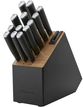 KitchenAid Classic Slim Knife Block Set with Built-In Knife Sharpener, Stainless Steel Kitchen Knives, Sharp Kitchen Knife Set with Block, Black, 14 Piece