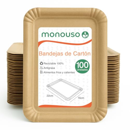 Monouso | 100 Bandeja de Cartón Kraft 16 × 22 cm | Rectangular Mediana | Resistente al Aceite y Calor | Ideal para Degustaciones, Comidas y Catering | Pack de 100 Unidades