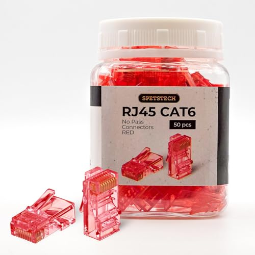 Spetstech Conectores RJ45, paquete de 50 conectores Cat 6 no pasantes (extremos Cat 6/conectores Cat6/conectores modulares RJ45/conectores Ethernet) para cables Ethernet. (50, rojo)
