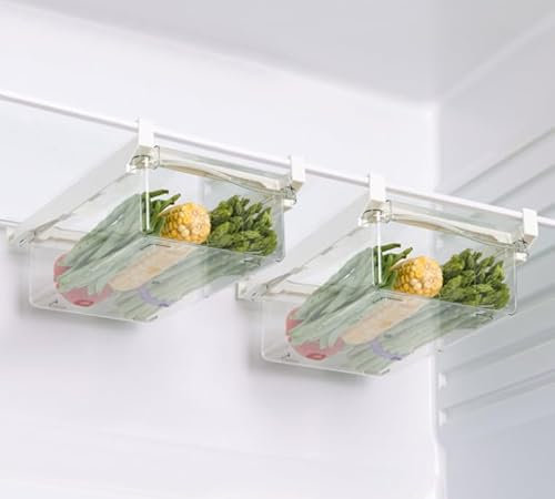 SINJEUN 2 cajones organizadores para frigorífico, 30,5 x 19,8 x 9,5 cm, organizador de frigorífico para colgar, caja de plástico transparente para la cocina