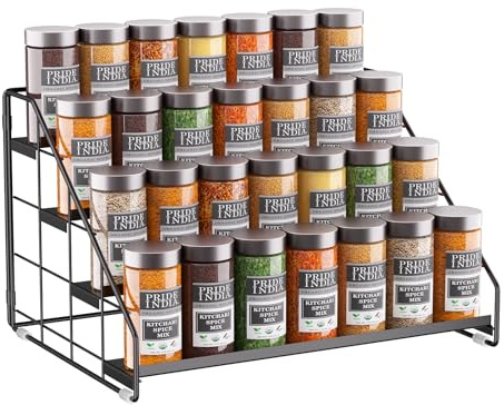THYGIFTREE 4 Tiered Spice Rack Organizer, 1 Pack Metal Spice Rack Organizer for Cabinet, Tiered Adjustable Spice Shelf for Kitchen Countertop Pantry Organization (Carbon Black-1Pcs)