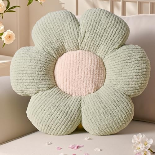 Yhoelata Valentinstag Blumenkissen, Grün Blumengestalt Zierkissen, Plüsch Bodenkissen für Sofa & Bett Kinderzimmer, Mädchen Dekoratives Gänseblümchen Design Wohnkissen 50cm