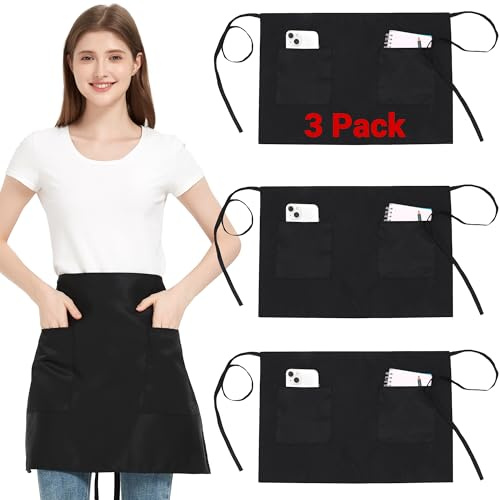 3 Pezzi Grembiule Corto da Cucina con 3 Tasche, Impermeabile Chef Grembiule Nero per Uomini Donne, Grembiuli da Cameriera Cameriere per Bistrot, Bar, Ristorante, Caffetteria (3, Nero - 71x46cm)