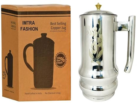IMTRA FASHION Brocca Per Acqua In Rame Puro E Acciaio Inossidabile Da 50,7 Fl Oz Con Stampa Laser E Coperchio Per Bere