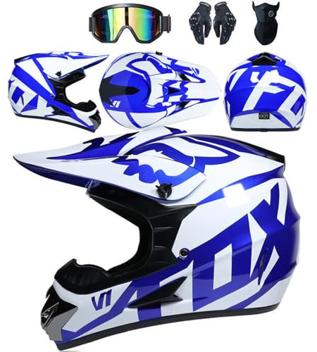SMTSEC Casque De Moto pour Jeunes Casque De Motocross Adultes Enfants Casques De Cross Casque De Moto Enduro Casque VTT Intégral Certifié Dot avec Lunettes Masque Gants Casque De Descente,Blue/C-M