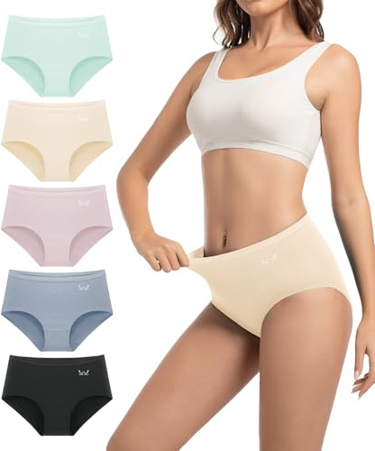 PULIOU Womens Knickers Ladies High Waisted Cotton Underwear Panties Briefs Full Back Coverage Comfy Stretchy Slight Tummy Contorl Multipack of 5