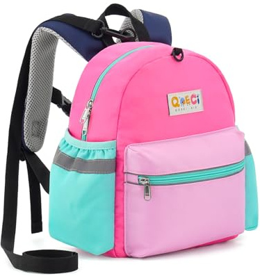 QOECI Toddler Backpack with Leash for Boys Girls Kids Kindergarten Nursery, 11” Baby Leash Backpack with Reflective, Toddler Bookbag with Anti-Lost Harness for Walking, Light Pink