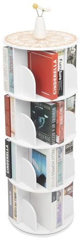 Mqwdxzfes Drehbares Bücherregal 360 Grad, 4 Stöckig Massivholz Drehbares Bücherregal Lagerregal Aufbewahrungsregal Leise Drehschrank Wohnzimmer-Regal für Kinder und Erwachsene,Weiß, 40x115.5cm