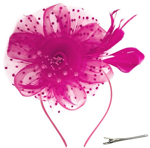 SycloPak Fascinator Hut Damen mit Federn, Blume & Clip Elegantes Stirnband für Hochzeitsbraut, Halloween Tee Party & Cocktail Schleier Kopfbedeckung in Mesh Organza