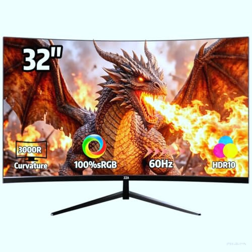 ZZA 32 Inch 4K UHD Curved Monitor (3840x2160), VA,60Hz Refresh Rate, 100% sRGB, Adaptive Sync, 178° Viewing Angle, HDMI/DisplayPort, VESA 100x100mm Mount Compatible, Tilt Adjustable - Black