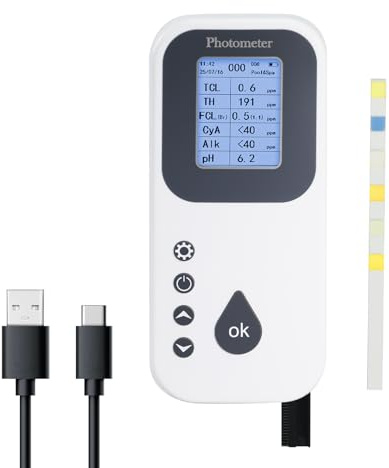 Kit di test digitale 7 in 1 per piscina: misura pH, cloro libero/totale, bromo, alcalinità, durezza, acido cianurico con display LCD e registratore per piscine, spa, idromassaggio