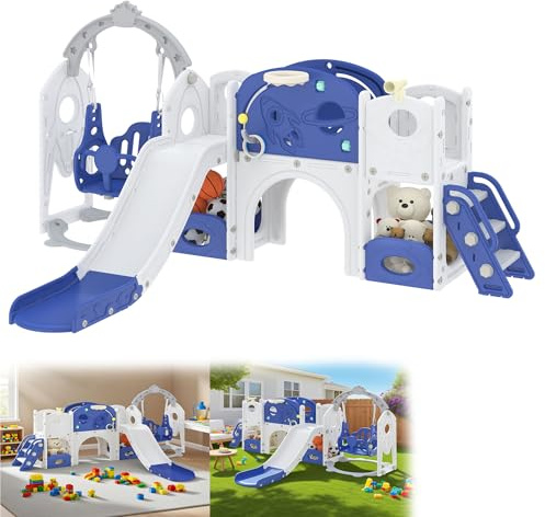 YRHome 9-in-1 Kinderrutsche mit Klettergerüst, freistehende Rutsche, Kletterleiter, Tunnel, Basketballkorb & Stauraum – Kinder Rutsche Mit Kletterleiter, Kletterer Rutsches Spielset, Indoor/Outdoor