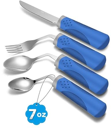 CuraVita Utensilios adaptativos (juego de cocina de 4 piezas) con peso de 200 g, utensilios en ángulo de 42° para pacientes con Parkinson, temblores de manos, artritis y ancianos, utensilios de