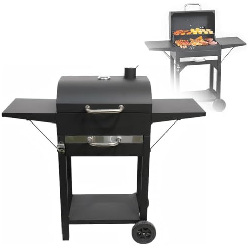 Portable Charcoal BBQ Grill with Wheels 2 Folding Tables Thermometer Chimney Outdoor Smoker for Camping Garden Picnics - 112x47x100cm Black