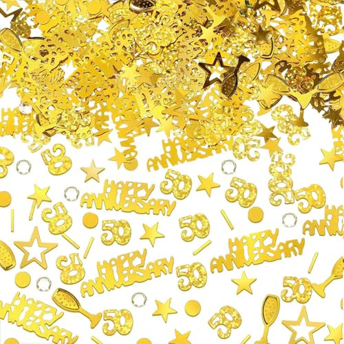 Golden Wedding Anniversary Decorations, 50th Anniversary Table Decor with Gold Confetti, Laser Shining Party Decorations for Wedding Table