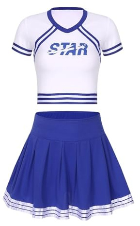 XIEHYA Cheerleader kostym 2 set cheerleading uniform dam halloween kostym för vuxna brev tryck kort topp och hög midja inbyggda shorts veckad kjol klänning (blå A, XL)