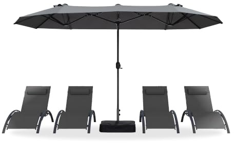PURPLE LEAF Grand Parasol Double avec Pied 4 x 2 x 2,4 m Gris Clair | Parasol de jardin extérieur, Anti-vent, UPF 50+, 12 baleines robustes, Montage rapide, Toile durable, Base stable 72 kg, Café