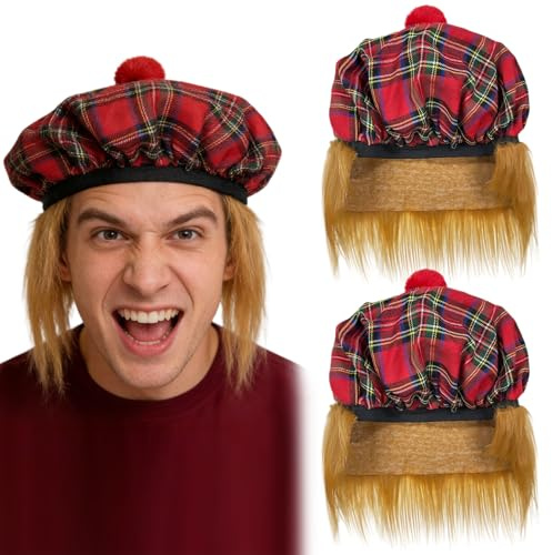 GYIOFAI Hut mit rotem Schottenkaro-Muster und rotem Schottenkaro, Baskenmütze mit Gummiband, Schottenmütze mit Perücke, Schottland-Sport-Fans, für St. Andrews Day, Schottland Burns Night