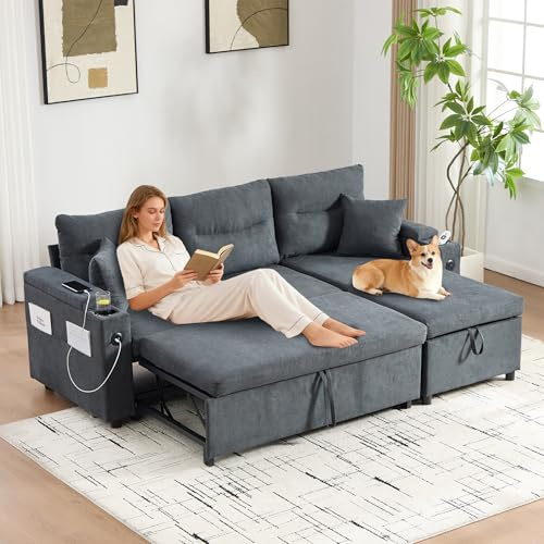 Divano angolare moderno a L,Include portabicchieri e porta USB,Divano modulare a 3 posti,Con chaise longue,Divano letto multifunzionale,Con spazio di archiviazione,Grigio scuro,Tessuto di Lino