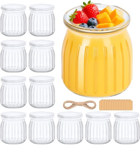 Acrrynii 200ml Durchsichtige Joghurtgläser mit Deckel, 12 Stück Dessertgläser mit Deckel, Nachtisch Gläser mit Seil und Anhänger, Kleine Gläser für Dessert, Joghurt, Pudding, Marmelade, Gelee, Honig