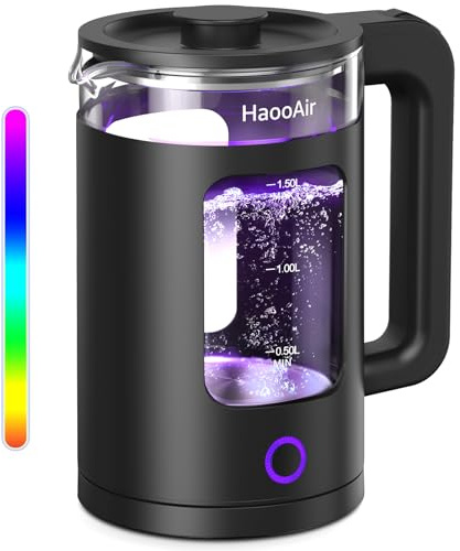 HaooAir 1.5L Glass Electric Kettle – 7-Colorful LED, Fast & Quiet Boil, Stainless Steel Bottom, BPA-Free with Dry-Boil Protection & Black Mat