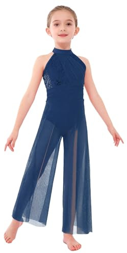 Miaeowve Turnanzug Mädchen Ganzkörper Voltigieren Kinder Pailletten Glänzend Gymnastikanzug Ärmellos Tanzoverall Lang Jumpsuit Chiffon Patchwork Ballettanzug
