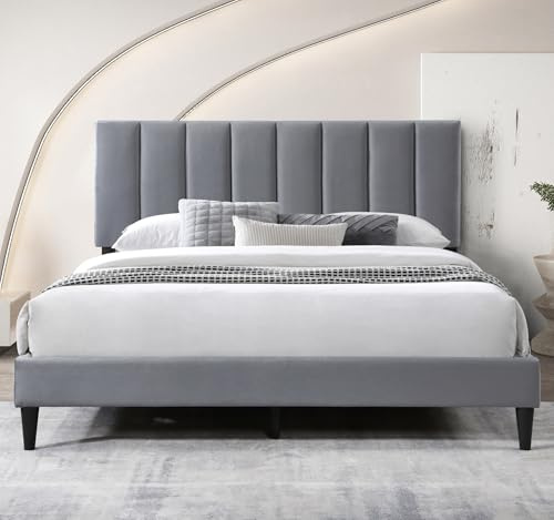 Home Collective Bett Polsterbett mit Lattenrost, Bettgestell Doppelbett mit weichem Bezug und gepolstertem Kopfteil mit vertikaler Steppung, Robustes Gestell, hoher Liegekomfort | Grau | 180x200 cm