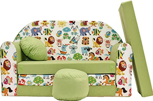 Kindersofa Schlafsofa mit Bettfunktion Z5 Grün - mit Hocker OEKO-TEX | Leicht, schnell aufklappbar – abnehmbarer Bezug, waschbar bei 30 °C