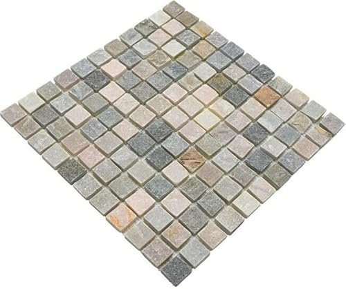 Mosaik Fliese Quarzit Naturstein Quarzit beige grau für BODEN WAND BAD WC DUSCHE KÜCHE FLIESENSPIEGEL, Mattengröße: 305x305 = 0,09 qm, Steingröße: 22x22x10 mm - 1 Matte