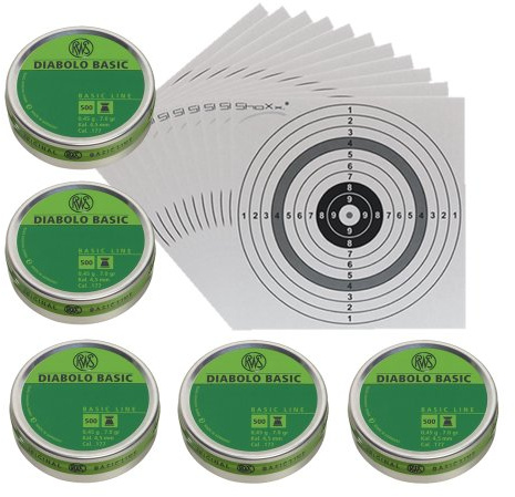 Luftgewehr Diabolo RWS Basic Line Flachkopf Diabolos, Kal. 4,5 mm, 2.500 Stück + 10 original ShoXx.® Shoot-Club Zielscheiben mit 250 g/m²