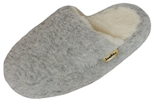 SamWo, Schafwoll-Wohlfühl-Hausschuhe/Pantoffeln Unisex,weiche rutschfeste Sohle,100% Schafwolle,hellgrau,Größe:35-48