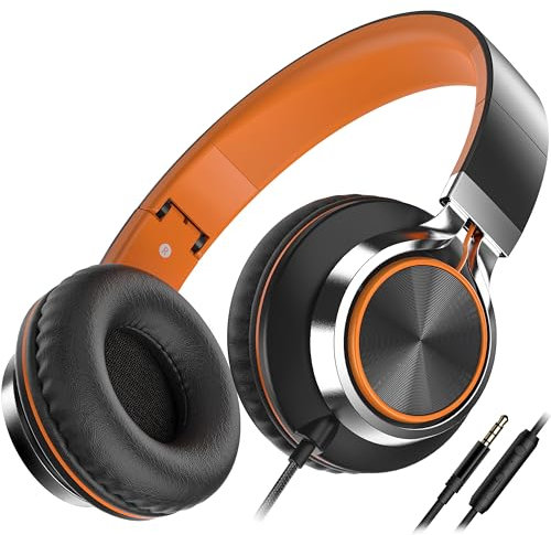 Ailihen C8 Headphones Wired with Microphone Foldable and Adjustable On-Ear Headsets Volume Control HD Stereo Sound 3.5mm Jack for Chromebook, Laptop, Smartphone, Study, Office, Travel (Black/Orange)
