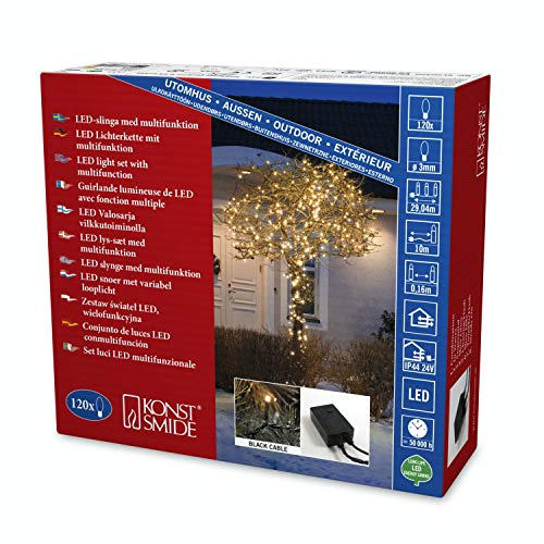 Konstsmide Micro LED Lichterkette, mit Multifunktion, 120 bernsteinfarbene Dioden, 24V Außentrafo, schwarzes Kabel - 3615-800