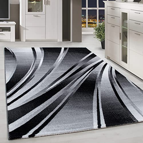 HomebyHome Teppich Wohnzimmer 120x170 cm Schwarz Modern Abstraktes Wellen Design Kurzflor Schlafzimmer Esszimmer Küche Jugendzimmer Waschbar Pflegeleicht Extra Weich