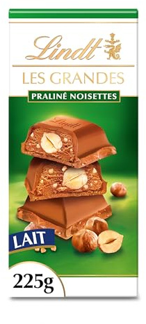 Lindt Tablette LES GRANDES Praliné Noisettes Chocolat Lait 225g | Chocolat Lait • Tablette • Fondant • Croustillant • Praliné • Noisettes • Moment de plaisir.