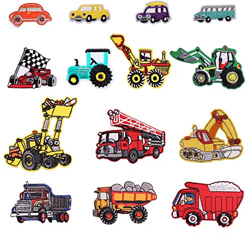 14-teiliges Bügel- oder Aufnäher-Set mit Bus-, Rennwagen-, Feuerwehrwagen- und Automotiven, Flicken zum Anbringen an Kleidung, Jacken, Jeans, Rucksäcken, Schals, toll für Kinder und Erwachsene