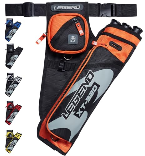 LEGEND XT320 Archery Quivers - Right Handed Nylon Hip Quivers with 3 Arrow Tube Cases for Target Shooting - Adjustable Waist Belt, T-Slot, Compartments for Accessories, Tools, Release Tab - Orange