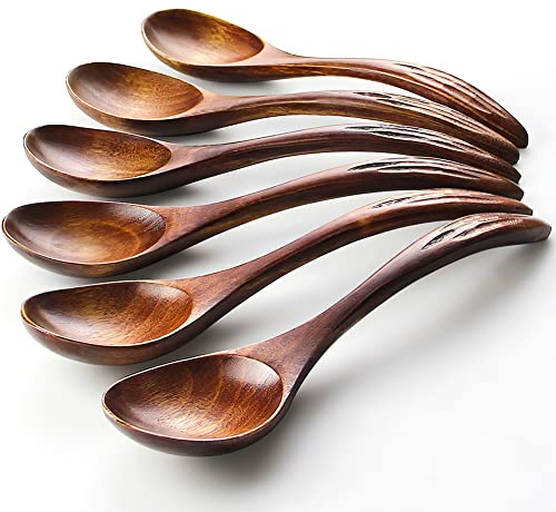 IQCWOOD Suppenlöffel aus Holz, magische Holzlöffel zum Essen, 6 Stück 17,3 cm asiatischer Suppenlöffel für Salat, Desserts, Kaffee, Snacks, Müsli und Obst