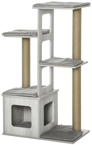 PawHut Albero Tiragraffi per Gatti Multi-livello 67x38.5x114 cm Grigio | Cuccia, Corde in Iuta, Gatti Adulti