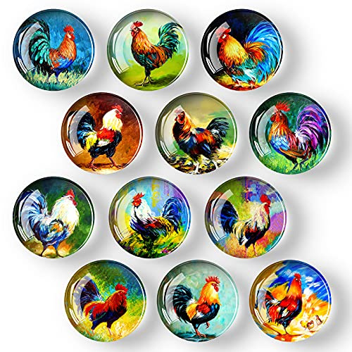 COSOW 12pcs Glass Refrigerator Magnet Set - Rooster Round Glass Fridge Decoration, Office & Cabinet Magnet