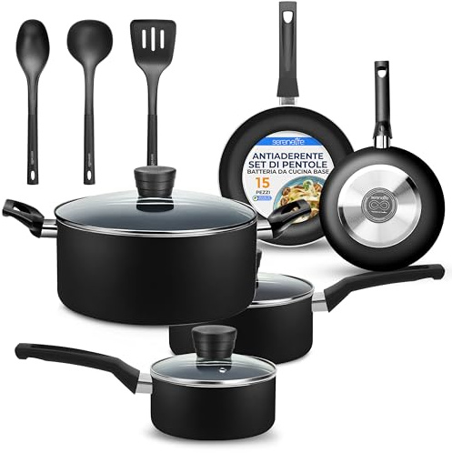SereneLife Pentole e Padelle Set Cucina 15 Pezzi, Rivestimento Antiaderente Senza PFOA/PFOS, Smalto Resistente al Calore, Manici in Bachelite, Nero