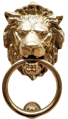 Anatolica Heurtoir de porte à tête de lion, 18 cm, laiton massif, période régence, laiton poli