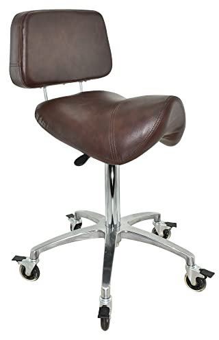 VAKON SALON - Breiter Sattelhocker braun mit Bremse und Lehne, Sattelstuhl für Rückenentlastung, Rollhocker höhenverstellbar von 55-75 cm, Praxishocker, Bürohocker, Arbeitshocker