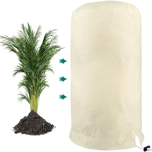 PHUSTJKL Winterschutz für Pflanzen 60x80cm Winterschutz für Kübelpflanzen Frostschutz, Atmungsaktiv Wiederverwendbar Pflanzenschutzhaube mit Zugband für Balkonpflanzen-Beige, 1 Stücke