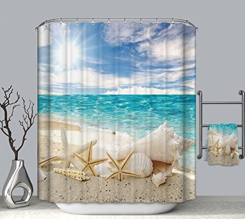 EHOMERY Tenda per Doccia A Ombrello Tenda da Bagno Vasca Starfish Conch Beach Vedi Tenda da Doccia in Cotone Tenda Bagno Corta Polyester Marrone Blu con 12 Anelli di Sospensione, 180X200Cm